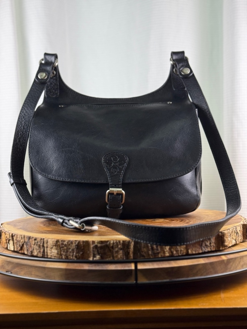 Patricia Nash Heritage Lari Crossbody Saddlebag in Black Leather